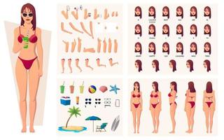 mulher de verão usando construtor de personagem de biquíni com roupa de praia e lado de sincronização labial, ilustração de vista frontal e traseira vetor