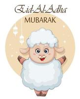cartão de saudação eid al adha mubarak. carneiro engraçado vetor