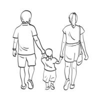 arte de linha vista traseira do pai mãe e filha caminhando juntos ilustração vetorial desenhada à mão isolada no fundo branco vetor