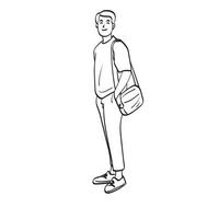 homem de corpo inteiro de arte de linha de pé com ilustração de saco vetorial desenhado à mão isolado no fundo branco vetor