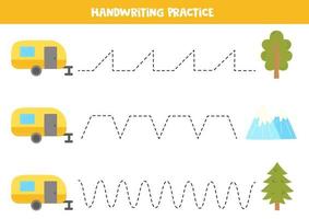 linhas de rastreamento para crianças. elementos de acampamento fofos. prática da escrita. vetor