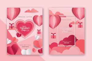 cartazes de conceito de dia dos namorados conjunto com corações de papel vermelho 3d e rosa e moldura em fundo geométrico. banners de venda de amor bonito ou cartões