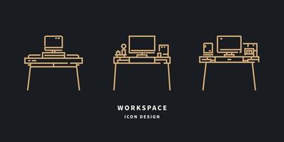 ícones do espaço de trabalho. conjunto de contorno de mesa. ilustração vetorial. vetor