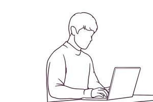 homem de negócios casual desenhado à mão trabalhando na ilustração do laptop vetor