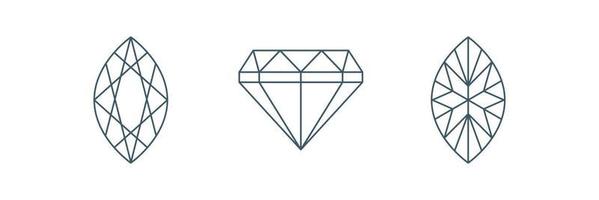 conjunto de ícones de linha de corte brilhante marquise. verso e vista frontal. esquema geométrico de diamante. vetor