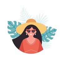 mulher de chapéu e óculos retrô em fundo de folhas tropicais. Olá cartão de verão. verão, férias vetor