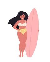 mulher com prancha de surf. atividade de verão, verão, surf. Olá verão. férias de verão. vetor