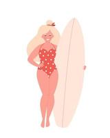 mulher com prancha de surf. atividade de verão, verão, surf. Olá verão. férias de verão vetor