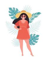 mulher de chapéu e óculos retrô em fundo de folhas tropicais. olá verão, verão, férias