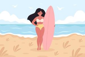mulher com prancha de surf na praia. atividade de verão, verão, surf. Olá verão. férias de verão. vetor