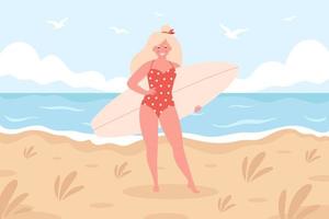 mulher com prancha de surf na praia. atividade de verão, verão, surf. Olá verão. férias de verão vetor