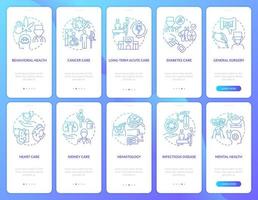 conjunto de tela de aplicativo móvel de integração de gradiente azul de serviços de centro médico. passo a passo 5 passos páginas de instruções gráficas com conceitos lineares. ui, ux, modelo de gui. vetor