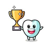 a ilustração dos desenhos animados do dente está feliz segurando o troféu de ouro vetor