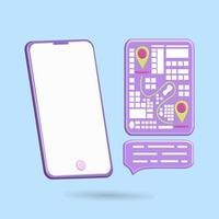 ícone de localização de compartilhamento 3D com forma de chamada, cor roxa do balão de fala e desenho de ilustração vetorial para mídia social no smartphone