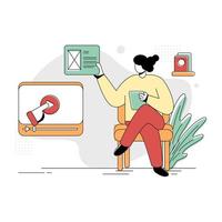 gráfico de vetor de ilustração plana de webinar, o conceito de um homem e uma mulher tendo uma discussão on-line usando um telefone inteligente, estilo retrô mínimo verde vermelho amarelo, perfeito para desenvolvimento ui ux, web