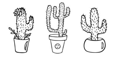 conjunto de cactos simples desenhados à mão bonito. planta de casa em um clipart de pote. ilustração de cactos. doodle em casa aconchegante. vetor