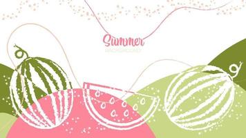 fundo de verão gráfico de vetor decorativo com melancias cheias, fatia de melancia, pinceladas e salpicos