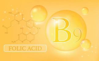 vitamina b9, ácido fólico, gotas de água, cápsula em um fundo laranja. complexo vitamínico com fórmula química. cartaz médico de informações. ilustração vetorial vetor