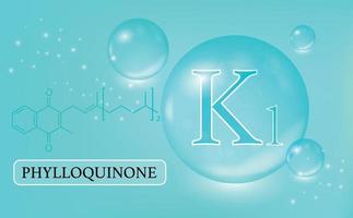 vitamina, k1, filoquinona, gotas de água, cápsula em um fundo gradiente azul. complexo vitamínico com fórmula química. cartaz médico de informações. ilustração vetorial