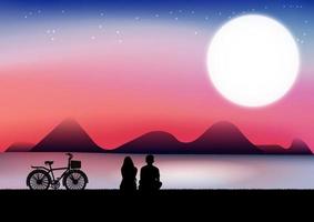 gráficos desenhando um casal amor homem e mulheres sentados ver natureza lua e estrela com o reservatório e a silhueta crepuscular papel de parede noturno ilustração vetorial de fundo vetor