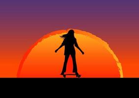 menina de imagem vetorial andando de skate ou ilustração de skate de surf com grande fundo por do sol e laranja claro e azul do céu vetor
