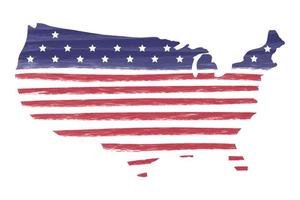 mão artística desenhada com contorno de mapa pincel dos eua com bandeira americana linhas vermelhas e azuis e estrelas. elemento de design vetorial grunge texturizado para 4 de julho, feriados americanos vetor