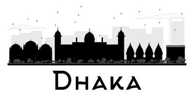 silhueta preto e branco do horizonte da cidade de dhaka. vetor