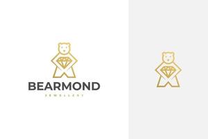 urso elegante de luxo mínimo simples segurando um diamante, design de logotipo de vetor de joias em contorno, estilo de arte de linha