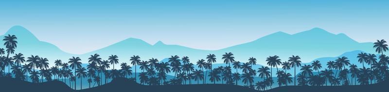 fundo azul de natureza tropical com coqueiros e montanhas vetor