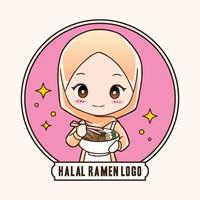 linda garota muçulmana comer macarrão ramen halal comida mão desenhada ilustração de arte dos desenhos animados. estilo de vetor de logotipo de mascote