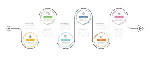 linha do tempo de seta de infográficos com modelo de 6 dados. ilustração vetorial abstrato. pode ser usado para layout de fluxo de trabalho, etapa de negócios, banner, web design. vetor