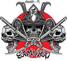 crânio de samurai, camisetas de design vintage grunge vetor