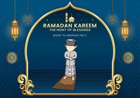fundo islâmico ramadan kareem com ilustração de criança rezando vetor