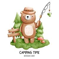 elemento de aquarela de tempo de acampamento com pesca de urso fofo. ilustração vetorial vetor
