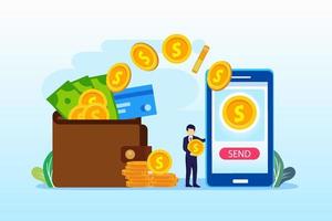 transação on-line, transferência, dinheiro de pagamento, tecnologia bancária móvel. estilo de modelo de vetor plano adequado para página de destino da web, plano de fundo.