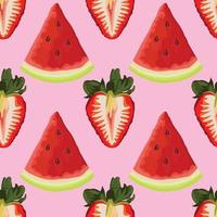 design de padrão de morango e melancia de frutas fofas em rosa vetor