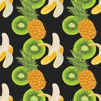 abacaxi de banana e design de padrão sem costura kiwi em fundo preto vetor