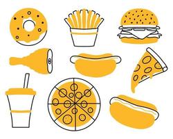 conjunto de fast-food. coleção de comida de rua. pizza, hambúrguer, cachorro-quente, batatas fritas, rosquinha, conjunto drink.vector. clip-art fast food estilo refeição.doodle. vetor