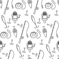 padrão com vara de pescar, anzol e flutuador. estilo doodle. padrão de pesca. ilustração vetorial. vetor