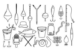 conjunto de pesca. um conjunto de ferramentas para a pesca. estilo doodle. vector illustration.fishing vara, anzol, carros alegóricos.