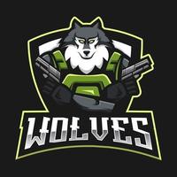 design de logotipo de mascote wolves esport com estilo de conceito de ilustração moderna para impressão de crachá, emblema e camiseta. ilustração de lobo bravo para equipe esportiva vetor