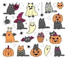 conjunto de elementos com gatos para o halloween. objetos assustadores místicos. gatos, abóboras, fantasmas, poção. ilustração de estilo doodle vetor