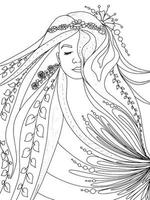 fabulosa fada da floresta, princesa elfa com cabelo comprido em folhagem e flores livro de colorir vetor