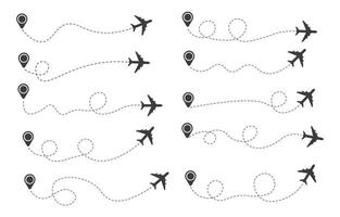 conjunto de rota de avião de linha tracejada vetor