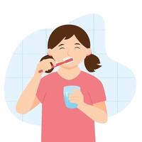 menina escovando os dentes com pasta de dente. lindo garoto limpa os dentes. ilustração vetorial. vetor