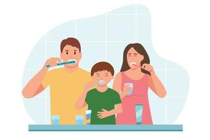 mãe, pai e filho estão escovando os dentes juntos. família feliz com escovas de dentes na higiene dental de rotina do banheiro. ilustração vetorial.