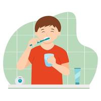 menino escovando os dentes com pasta de dente no banheiro. lindo garoto limpa os dentes. ilustração vetorial.