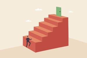 começando um novo desafio, o sucesso não vem fácil. esforços levarão ao sucesso. empresário subindo uma grande escada vermelha. vetor