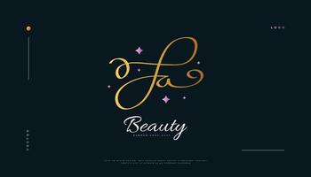 ja design de logotipo de assinatura inicial em estilo de caligrafia dourada com estrelas cor de rosa. inicial j e um design de logotipo para identidade de marca de casamento, moda, joias, boutique e negócios vetor