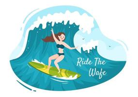 surf de verão de atividades de esportes aquáticos ilustração de desenhos animados com ondas oceânicas em pranchas de surf ou flutuando na prancha de remo em estilo simples vetor